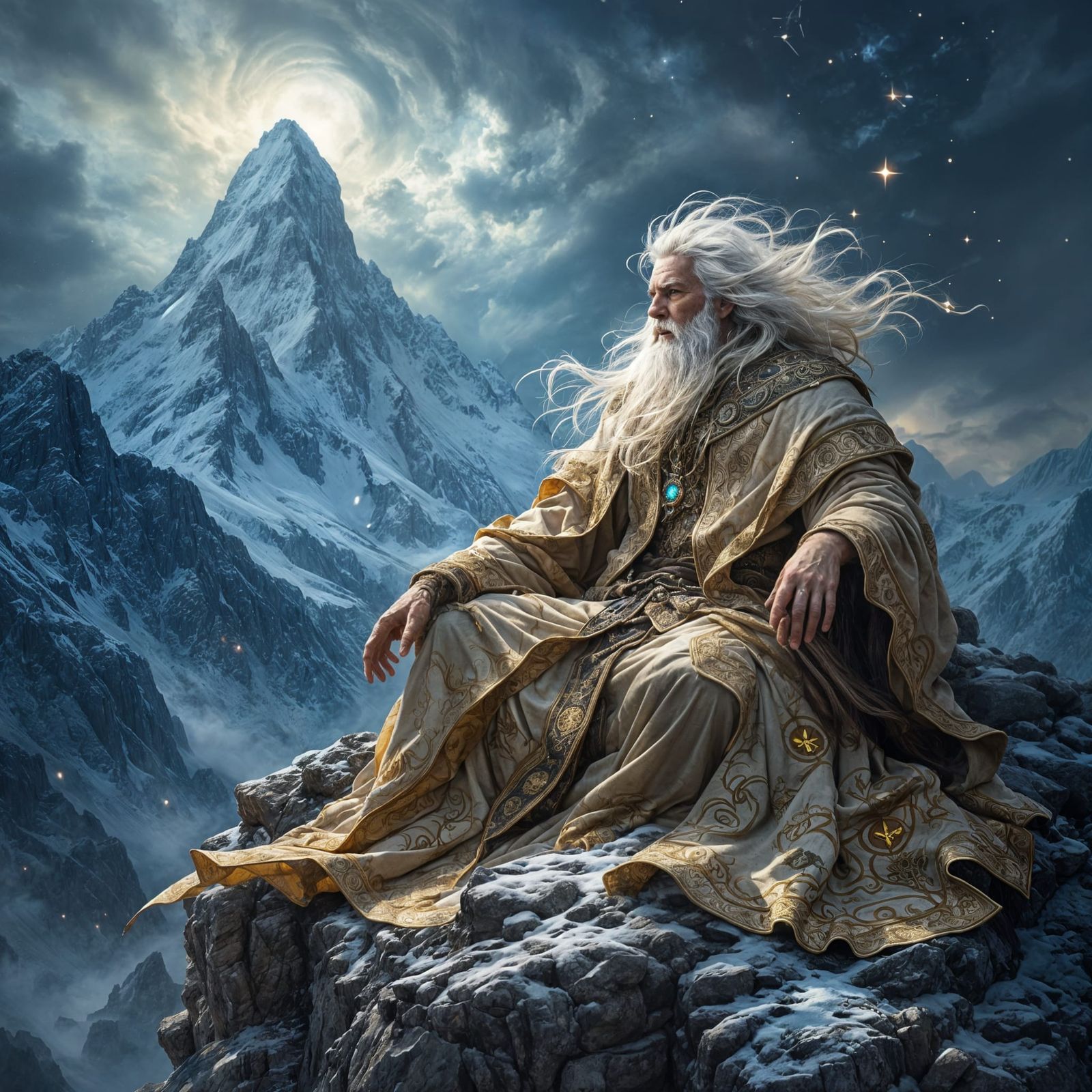 Epic Fantasy Sage in Majestic Mountain Landscape