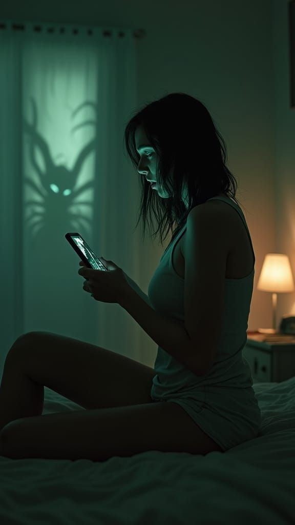 Woman Shocked by Phone in Cursed Bedroom with Lovecraftian E...