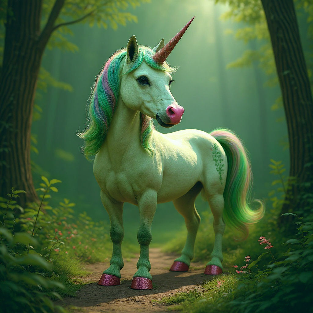 Green Unicorn with Rainbow Mane in Magical Forest