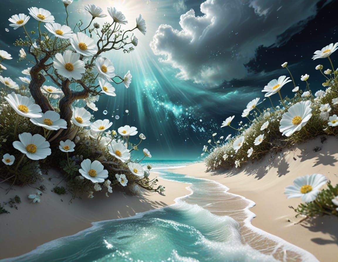 Heavenly White Bloom Portal on a Stormy Beach