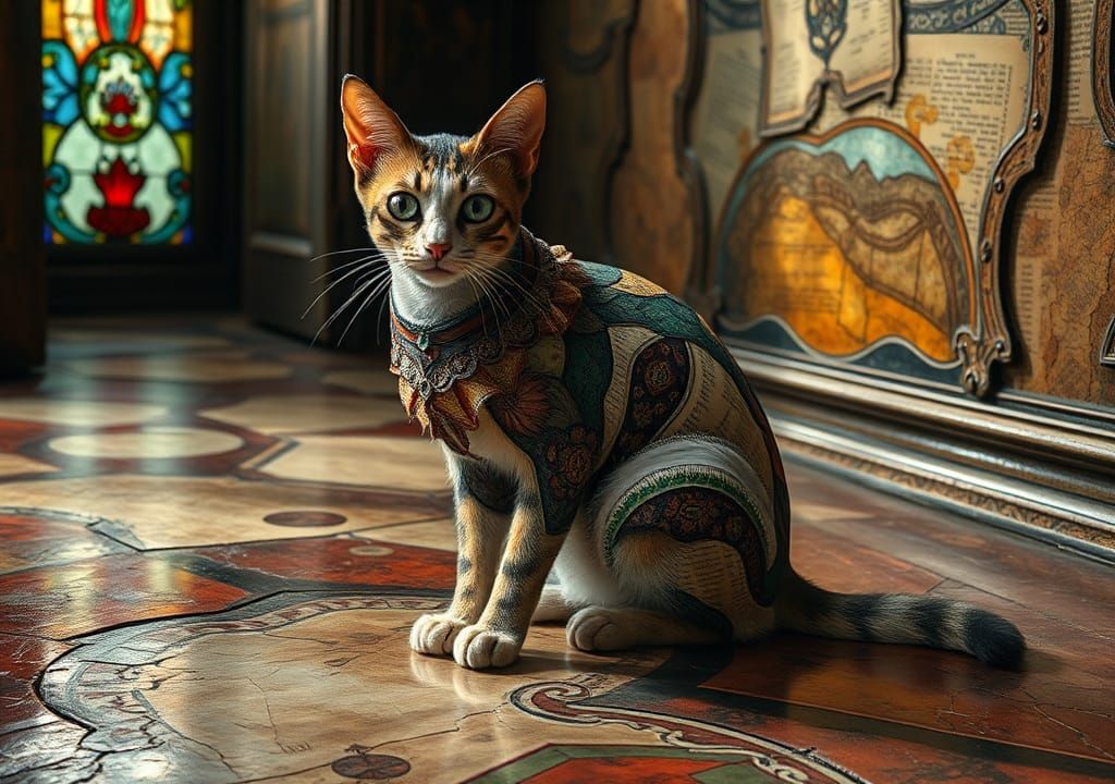 Surreal Long-Necked Cat in Vintage Storybook Style