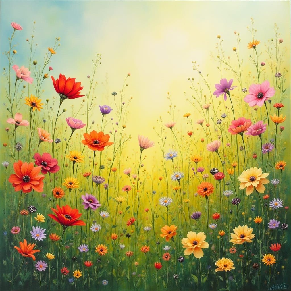 Vibrant Wildflowers in Dreamy Impressionist Landscape