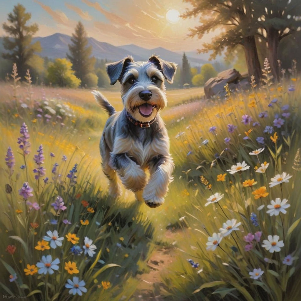 Whimsical Oil Painting: Child and Schnauzer in Meadow