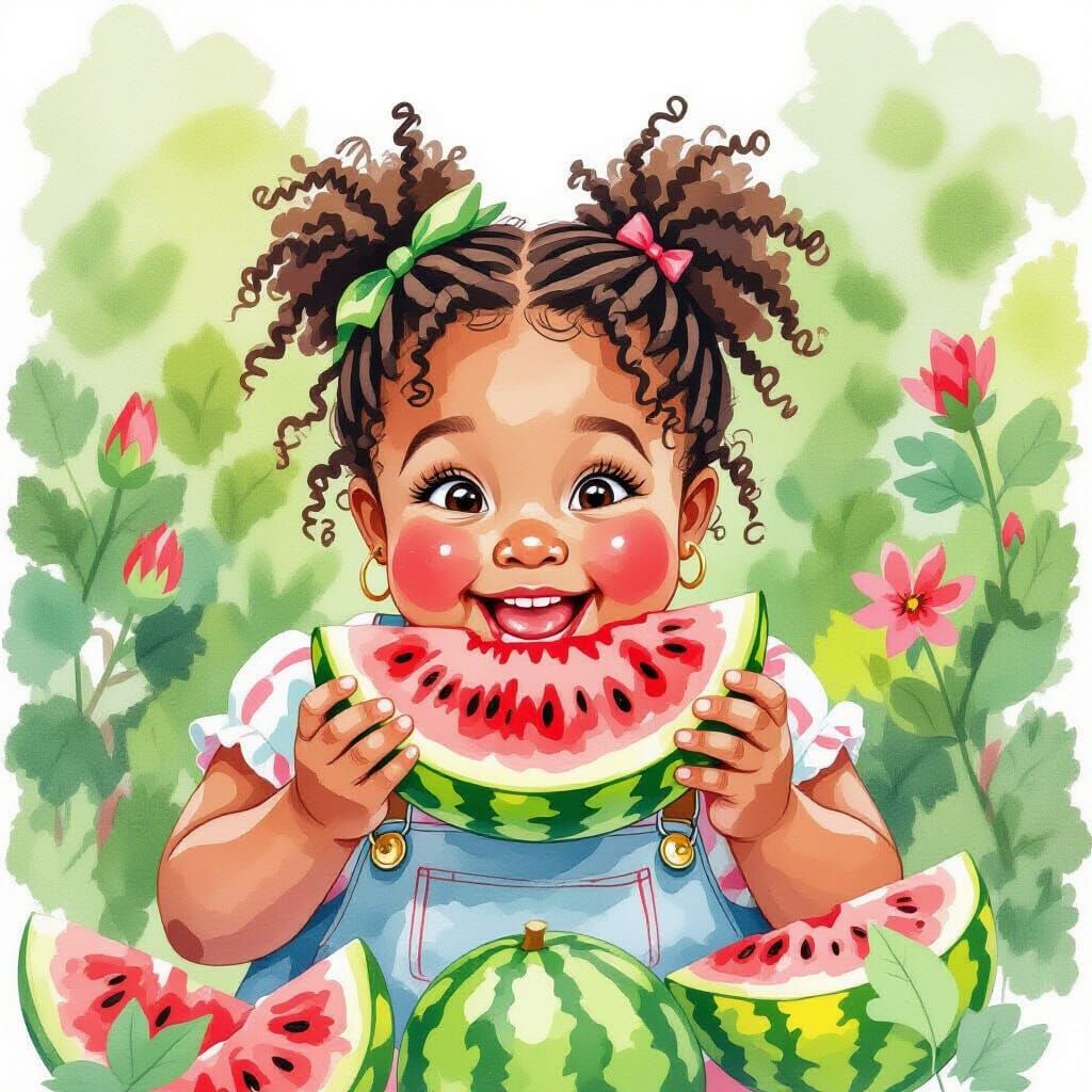 Girl in Watermelon Patch: Expressive Watercolor Portrait