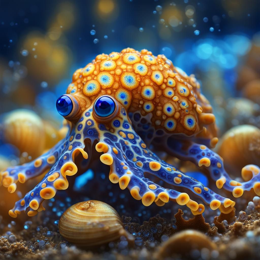 Blue-Ringed Octopus in Shell: Hyperdetailed Digital Art