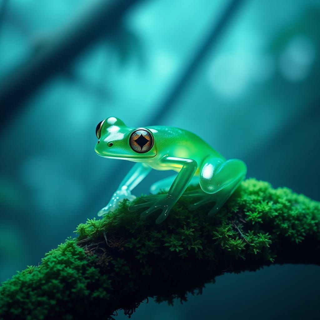 Emerald Glass Frog Perches in Tropical Rainforest