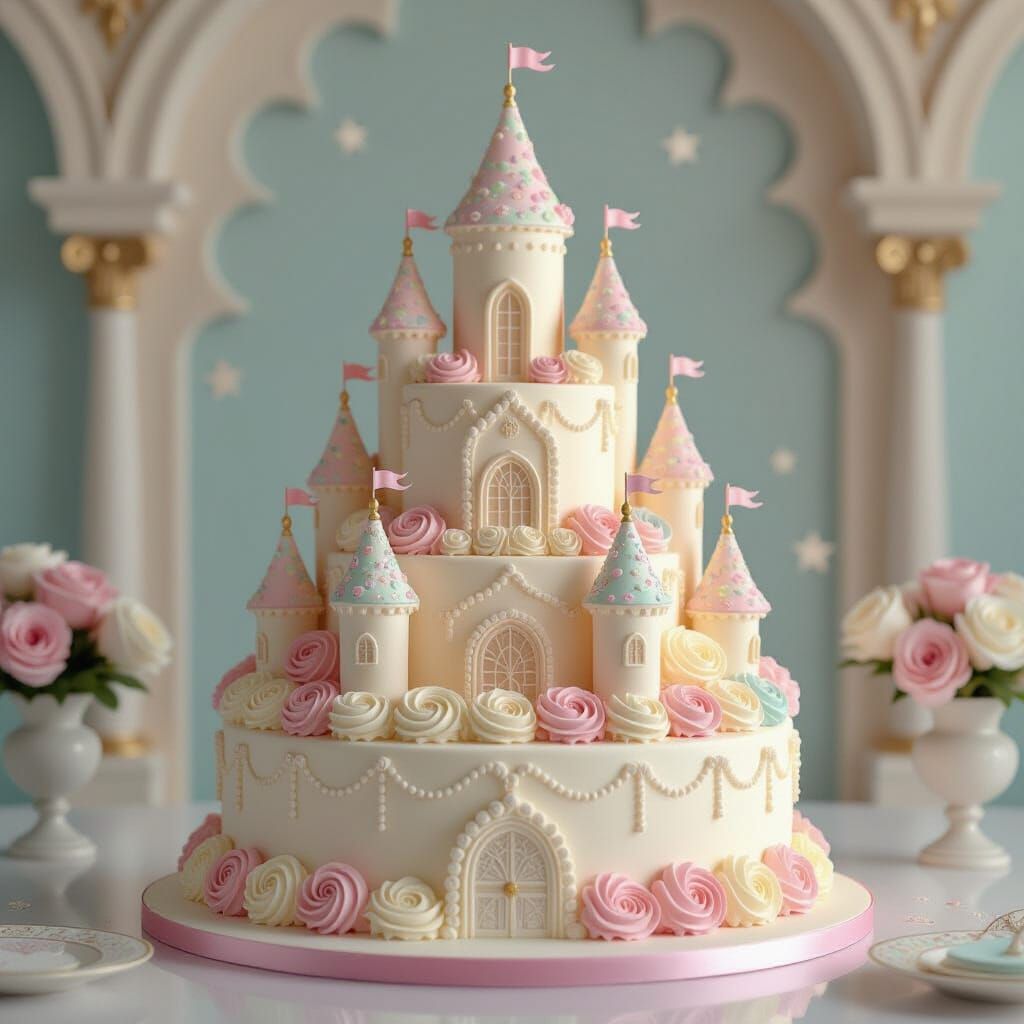 Tall Pastel 13th Birthday Castle Cake with Swirls