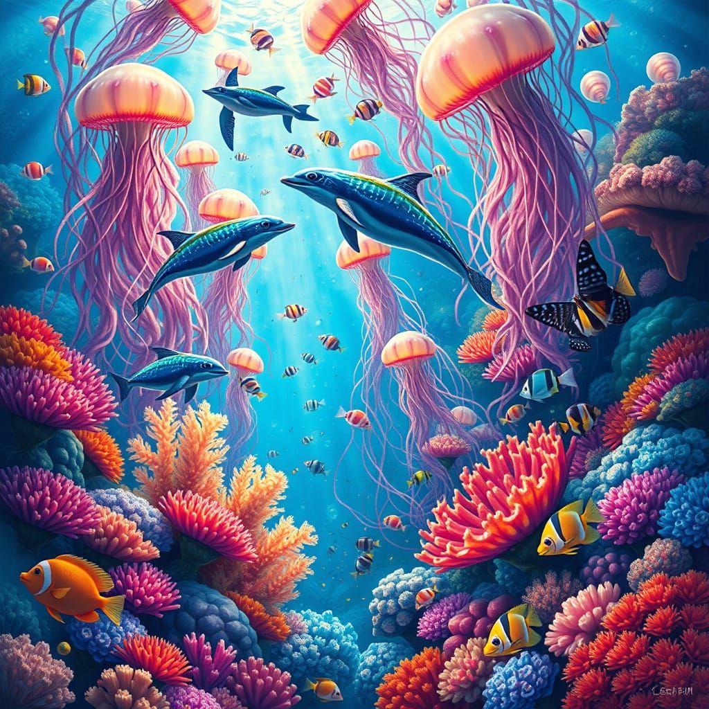 Vibrant Oceanic Wonderland with Dolphins and Jellyfish
