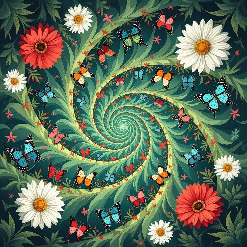 Surreal Butterflies and Daisies Mobius in Dreamlike Style