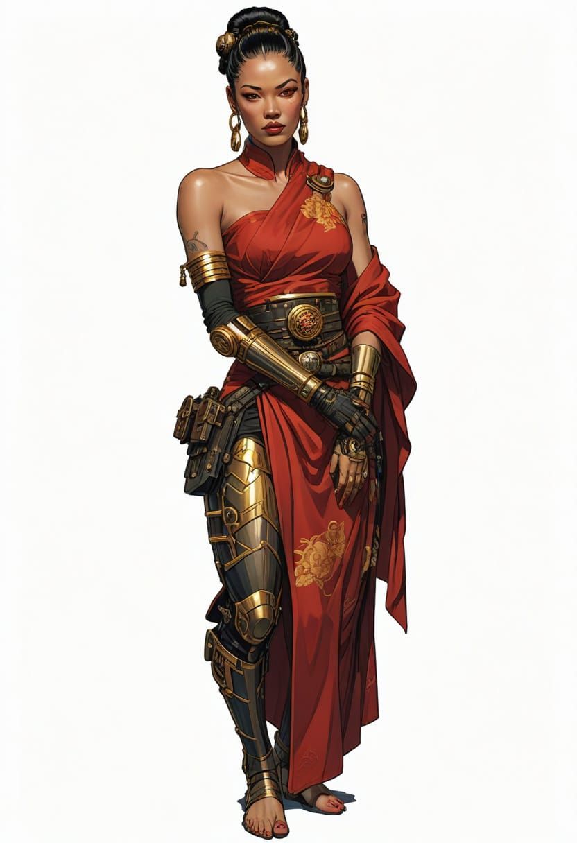 Dieselpunk Courtesan in Red and Gold Attire