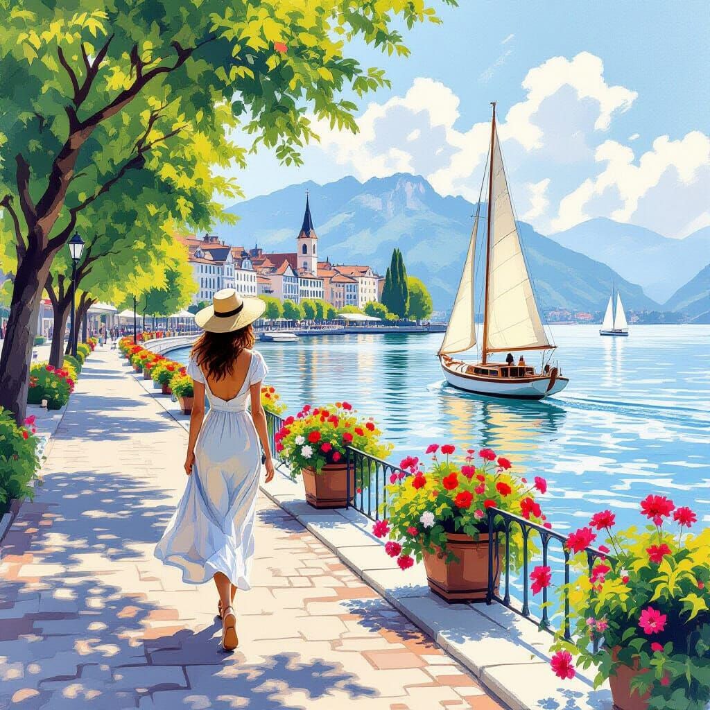 Lake Zurich Promenade in Impressionist Style