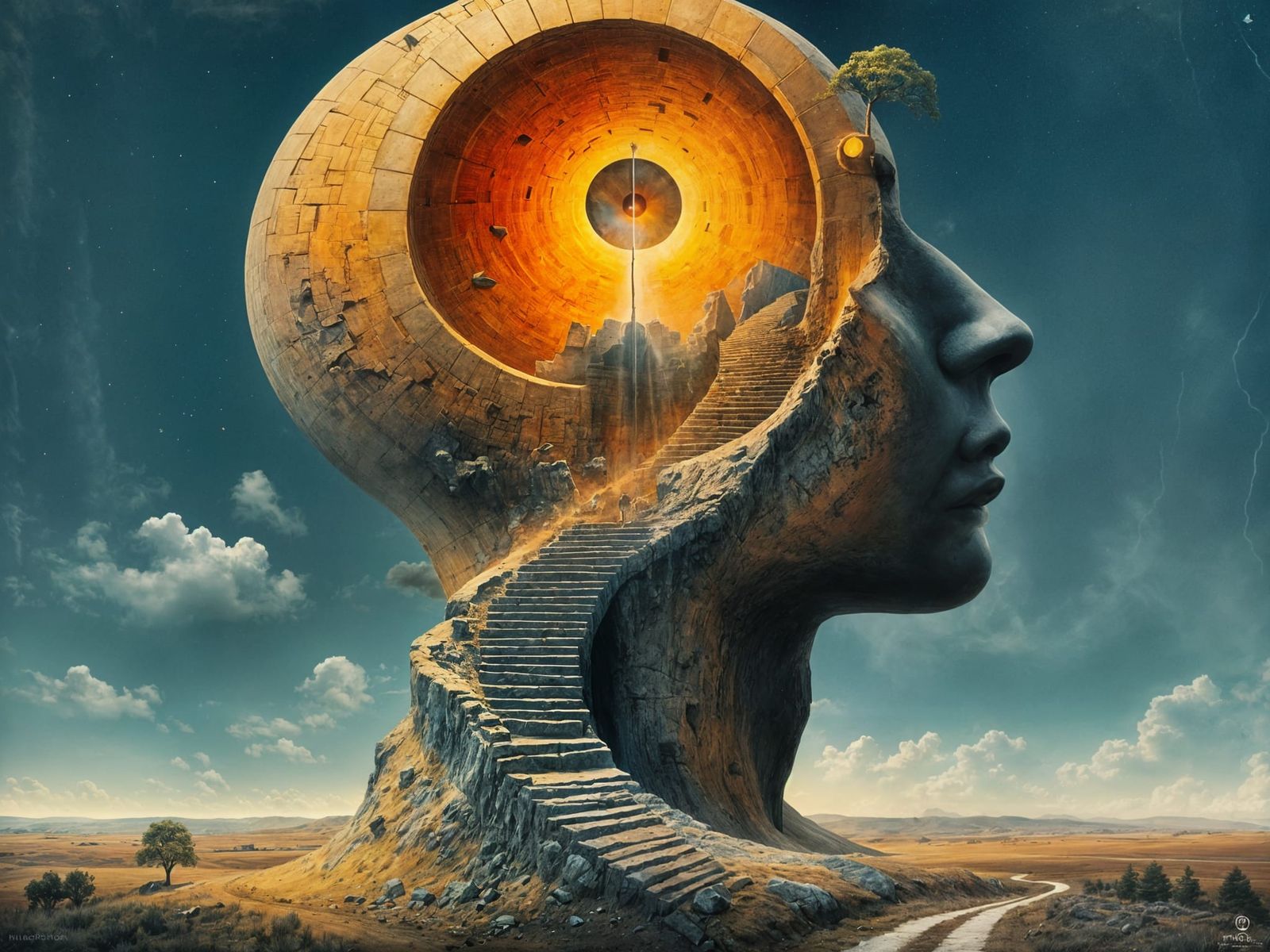 Abstract Head With Staircase Leading to Light