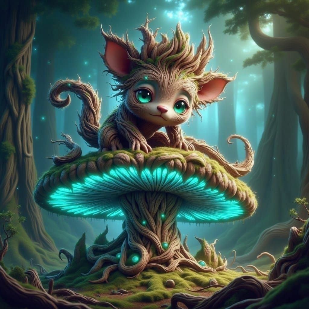 Cute Chibi Monster on Bioluminescent Mushroom