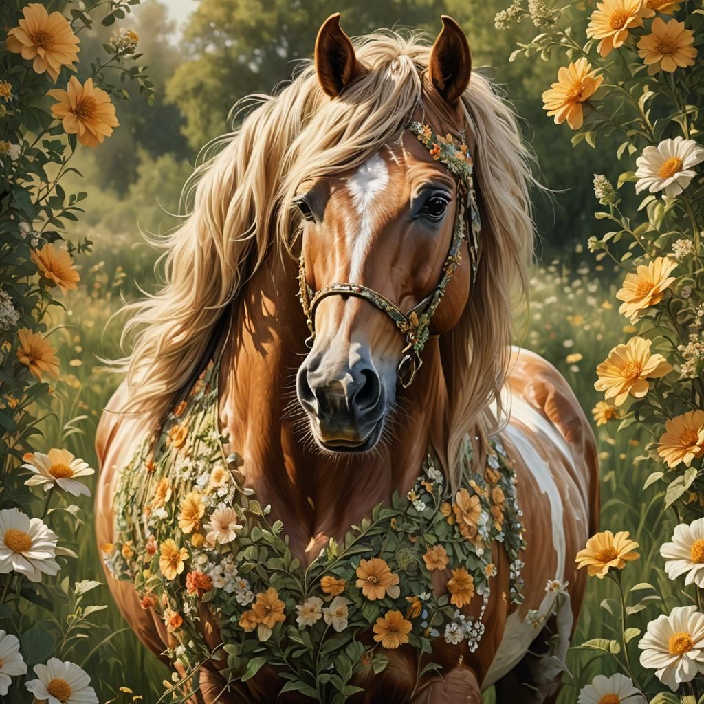 Photorealistic Horse in Lush Floral Landscape