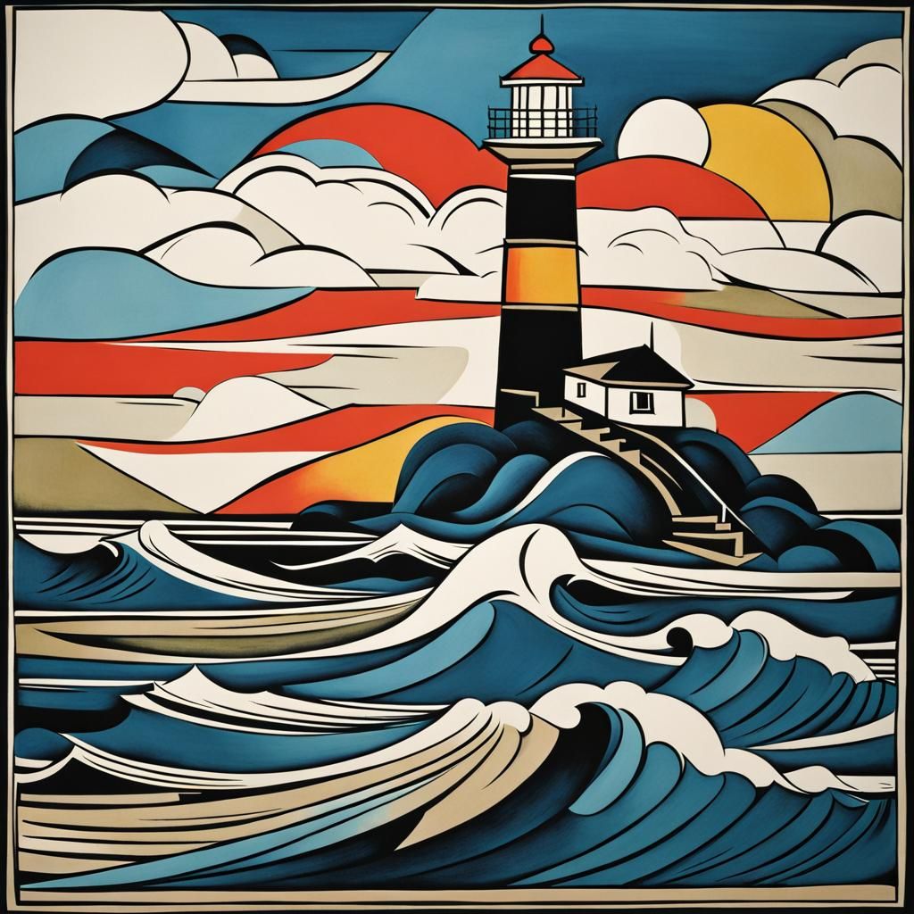 Cubist Lighthouse in Japanese Ink Style