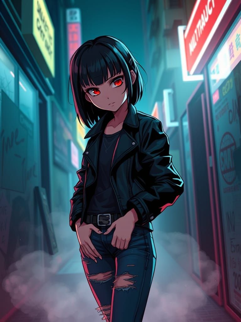 Anime Girl in Neon Alleyway with Piercing Red Eyes