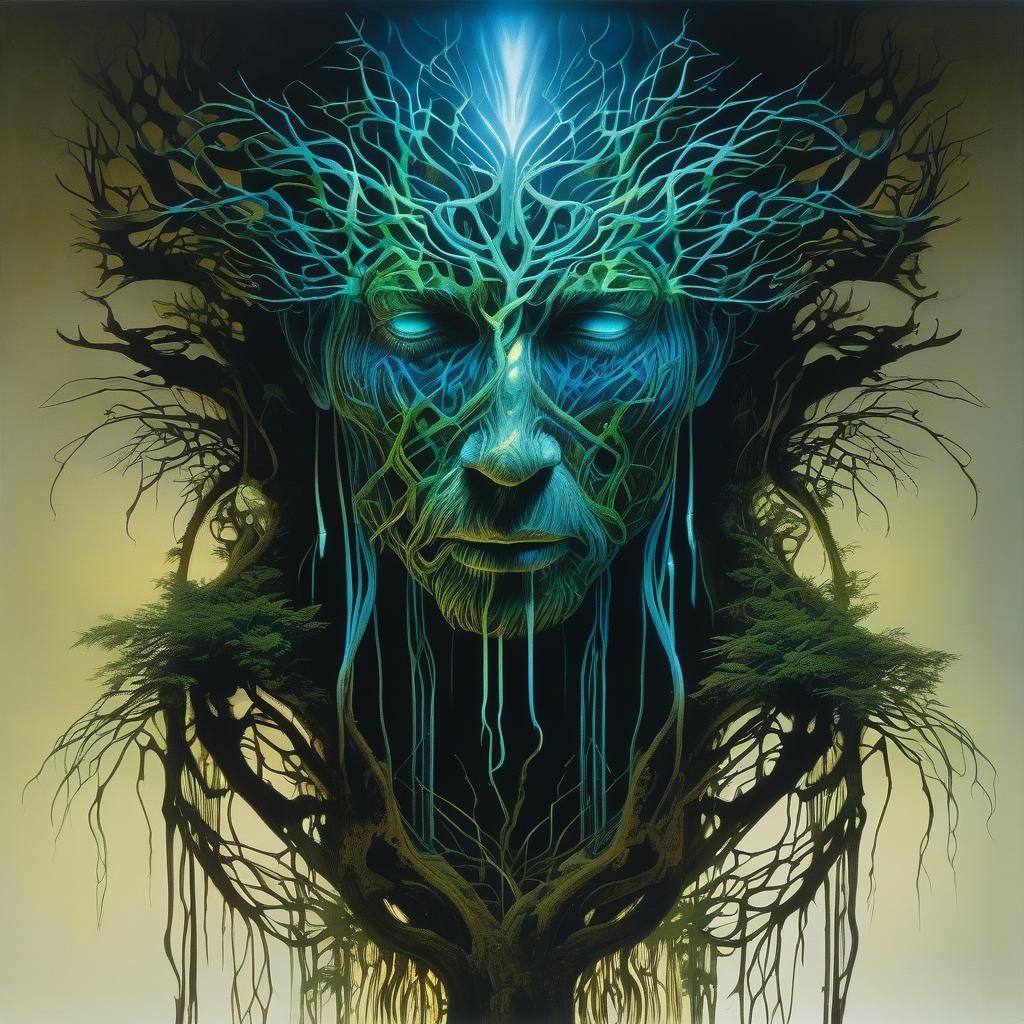 Bioluminescent Roots Form Human Face, Art Nouveau Style