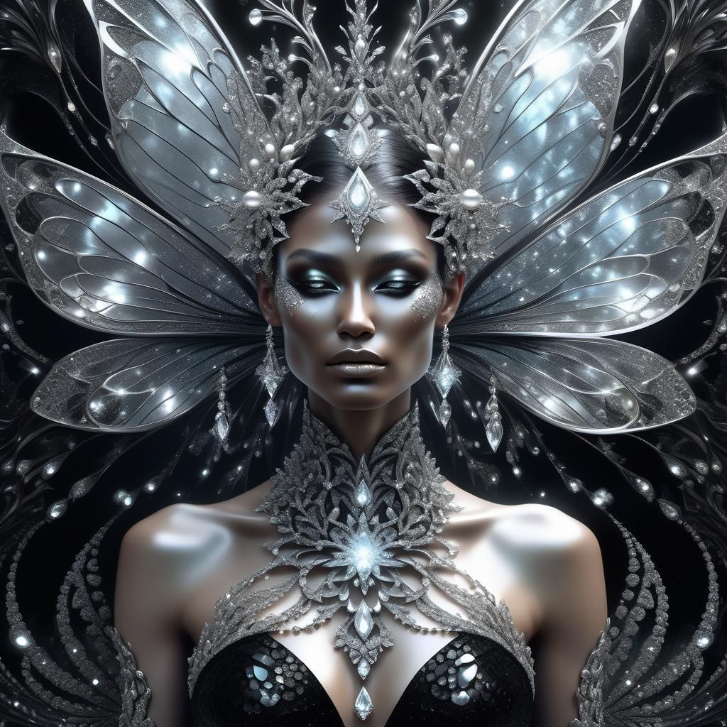Detailed Fractal Fairy Woman in Black Dress