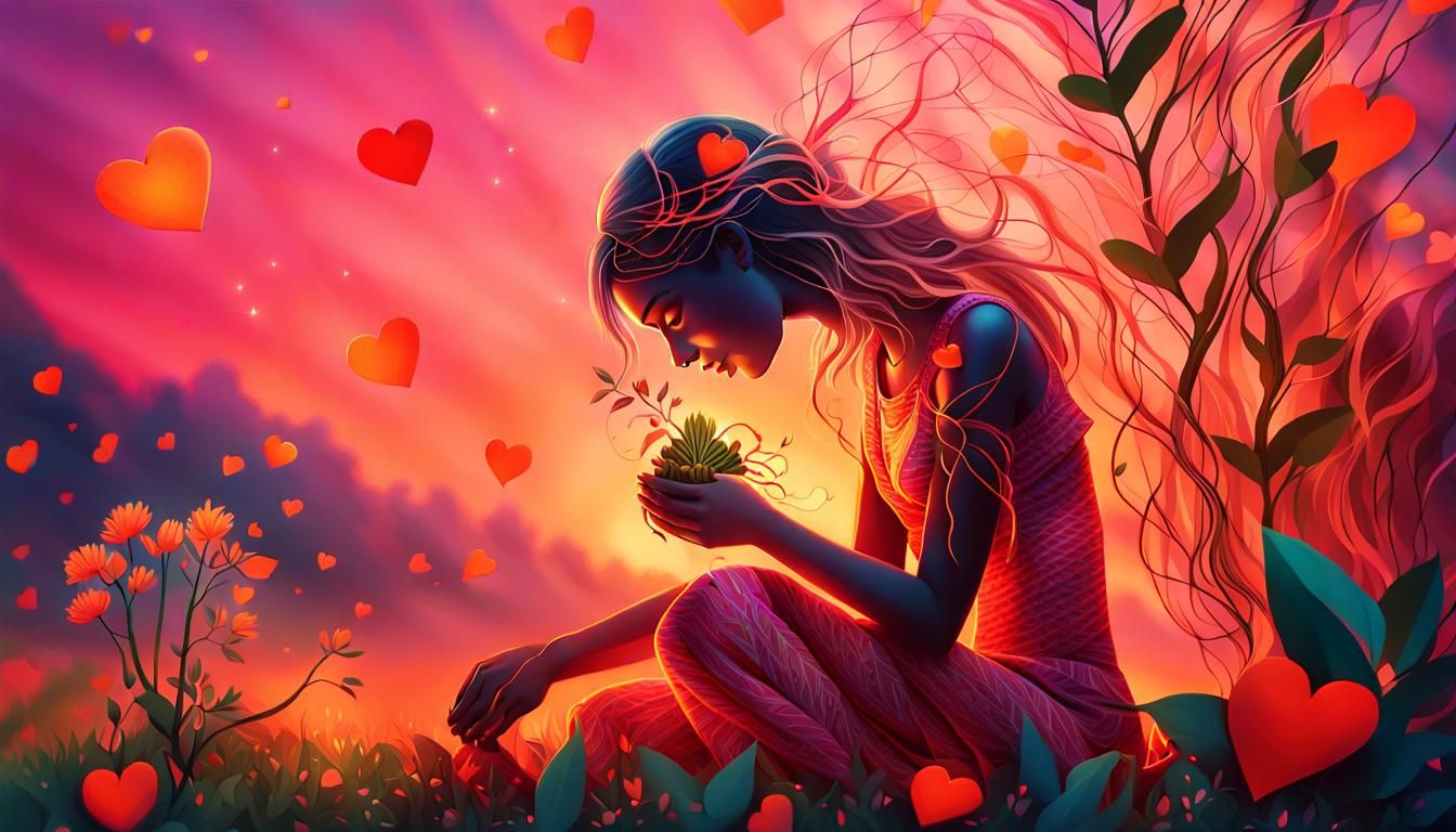 Woman Gathering Broken Heart Pieces in Surreal Digital Art