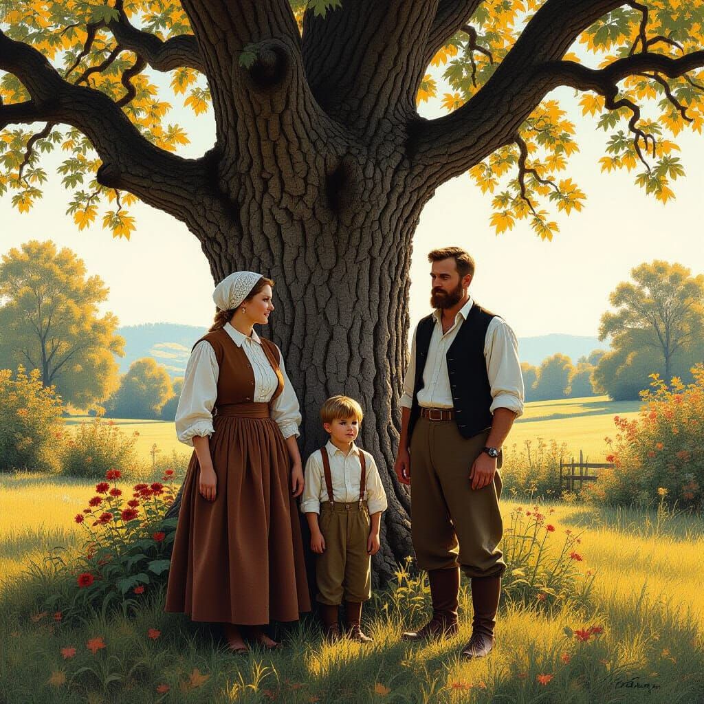 Three Generations Stand Before an Ancient Tree