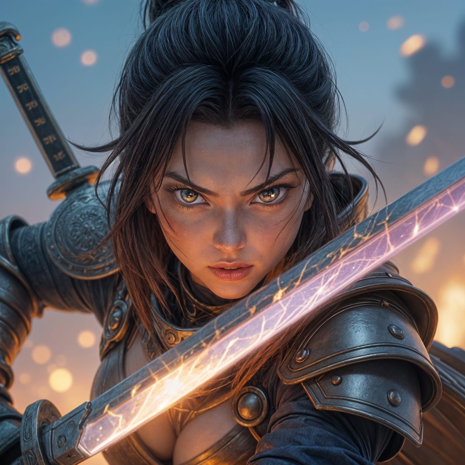 Anime Warrior Face in Chaotic Battlefield