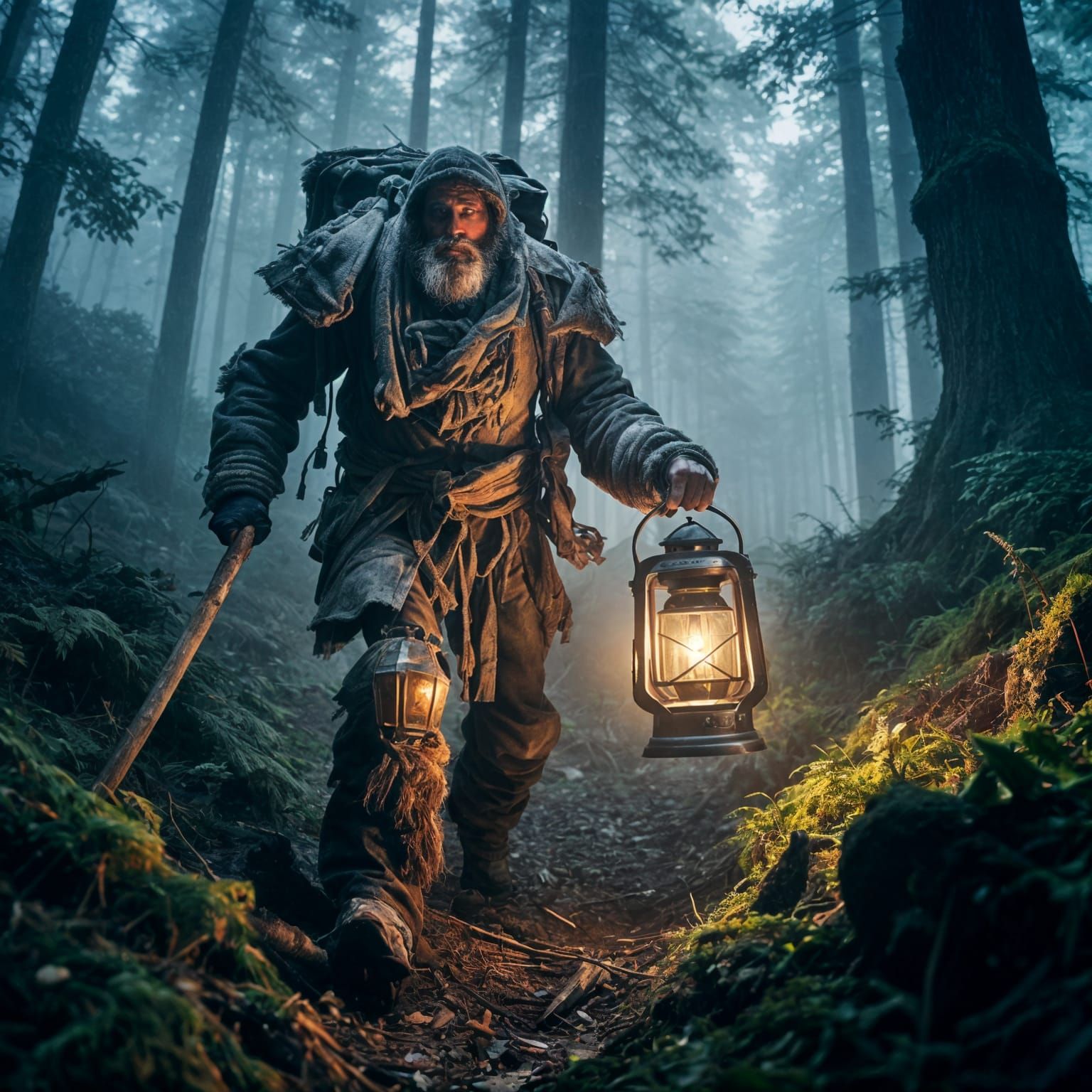 Lone Survivor in Foggy Forest with Lantern