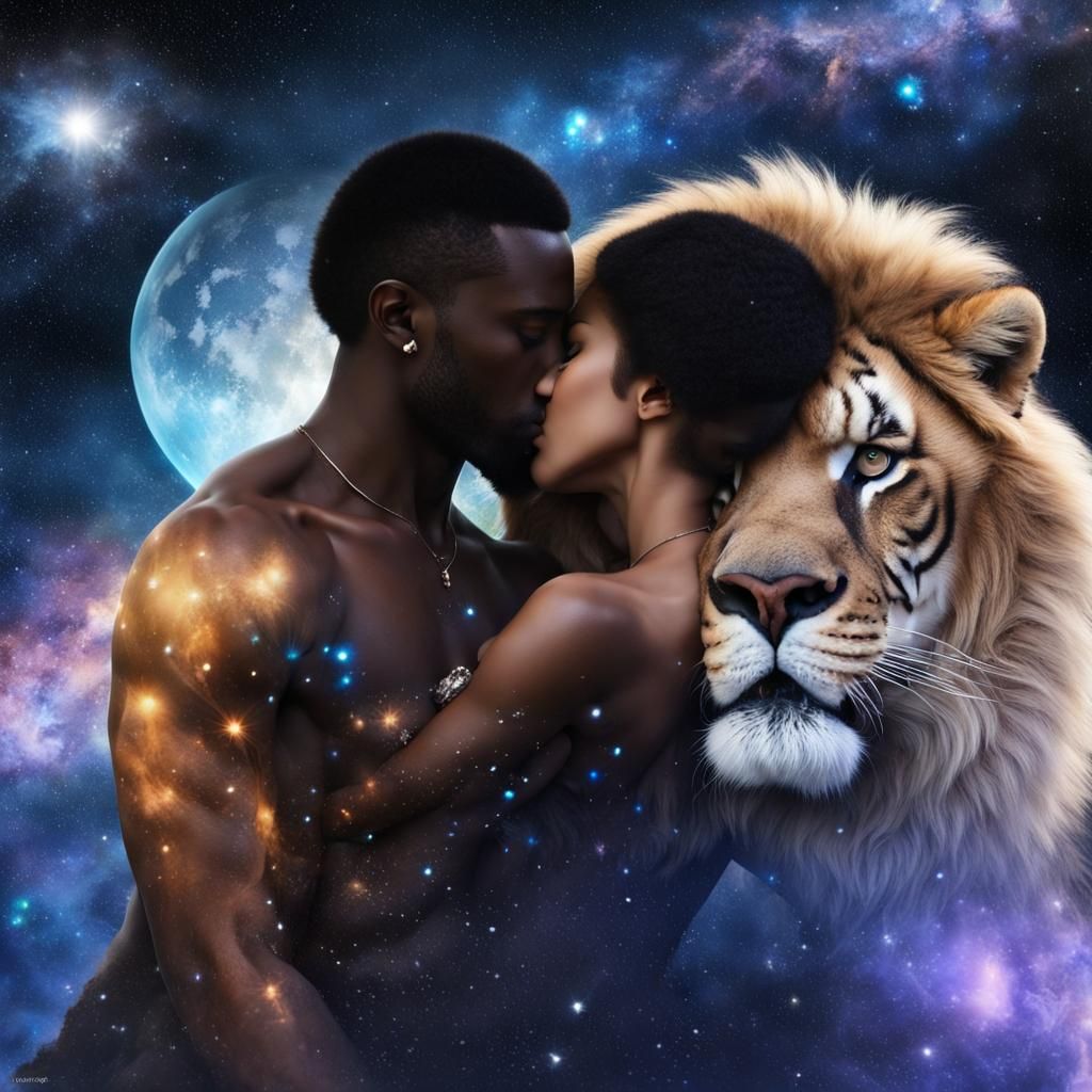 Kiss in a Galaxy Forest with Lions