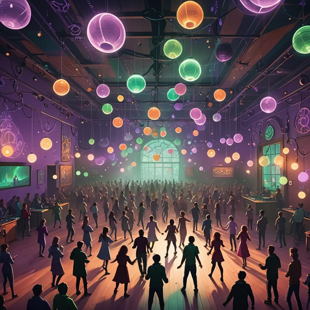 Crowded Dance Room with Floating Lights, Digital Art