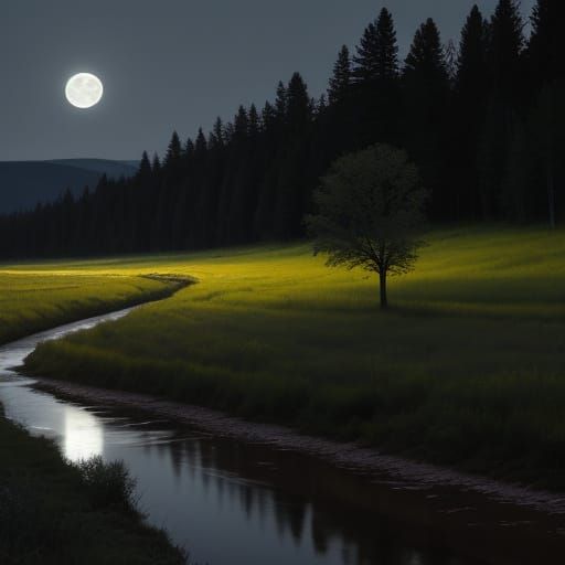A moonlit river meandering through a meadow in Montana. The ...