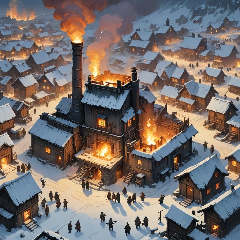 Snowy Village Furnace: Whimsical Concept Art