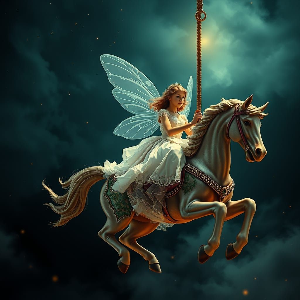Fairy Maiden Riding Carousel Horse Across Sky