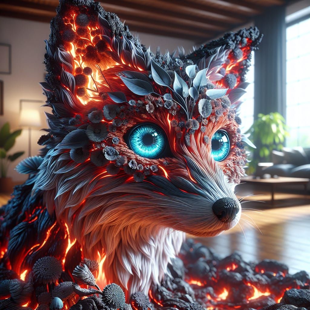 Lava Fox in Living Room: 16K Resolution CGI Masterpiece