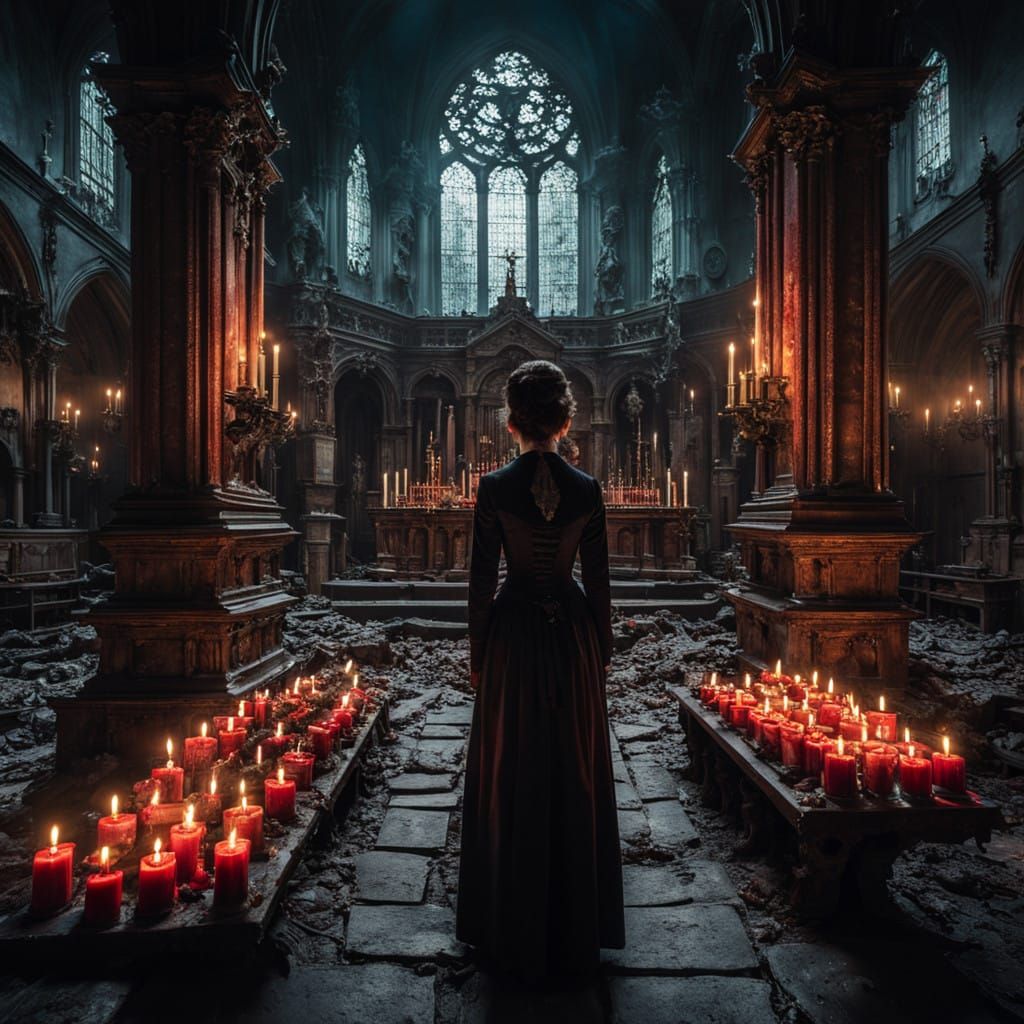 Victorian Woman Before Baroque Altar in Haunting Candlelight