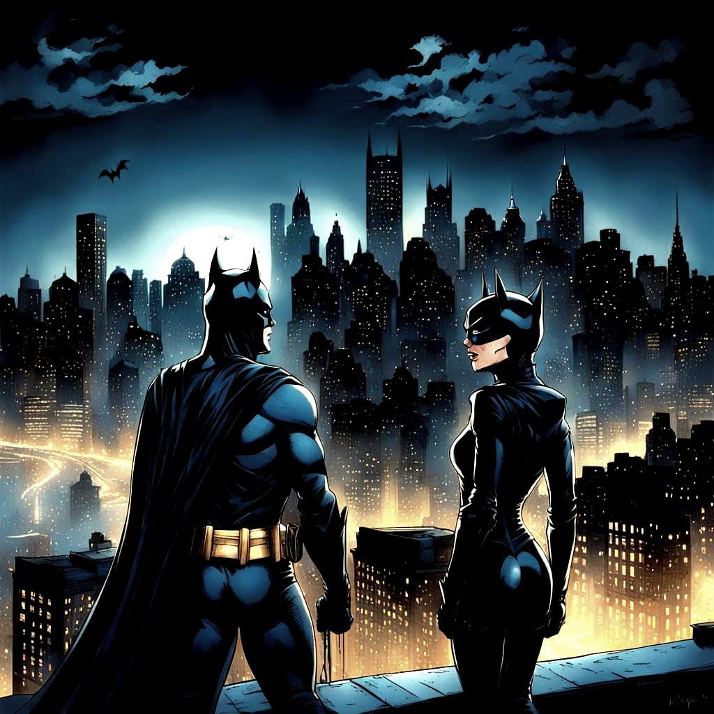 Batman and Catwoman Overlook Gotham in Comic Art