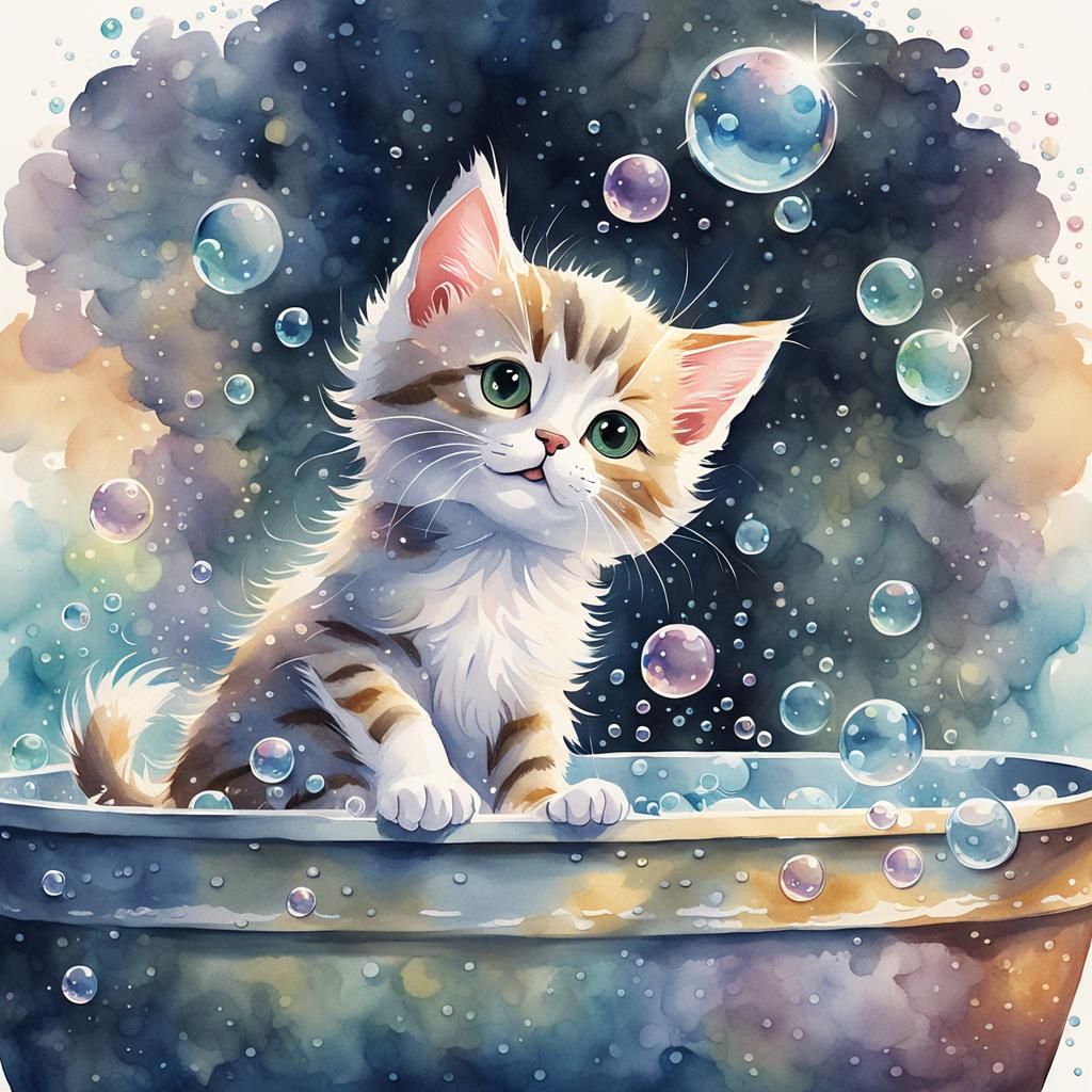 Kitten's Whimsical Bath: A Watercolor Dream
