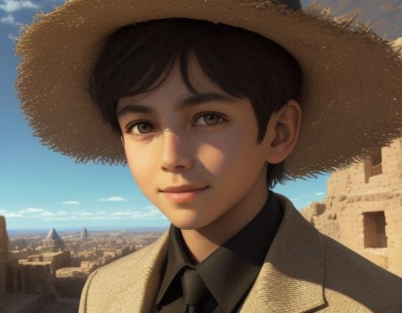 Child in Lost City During Golden Hour, Grunge Oil Aesthetic