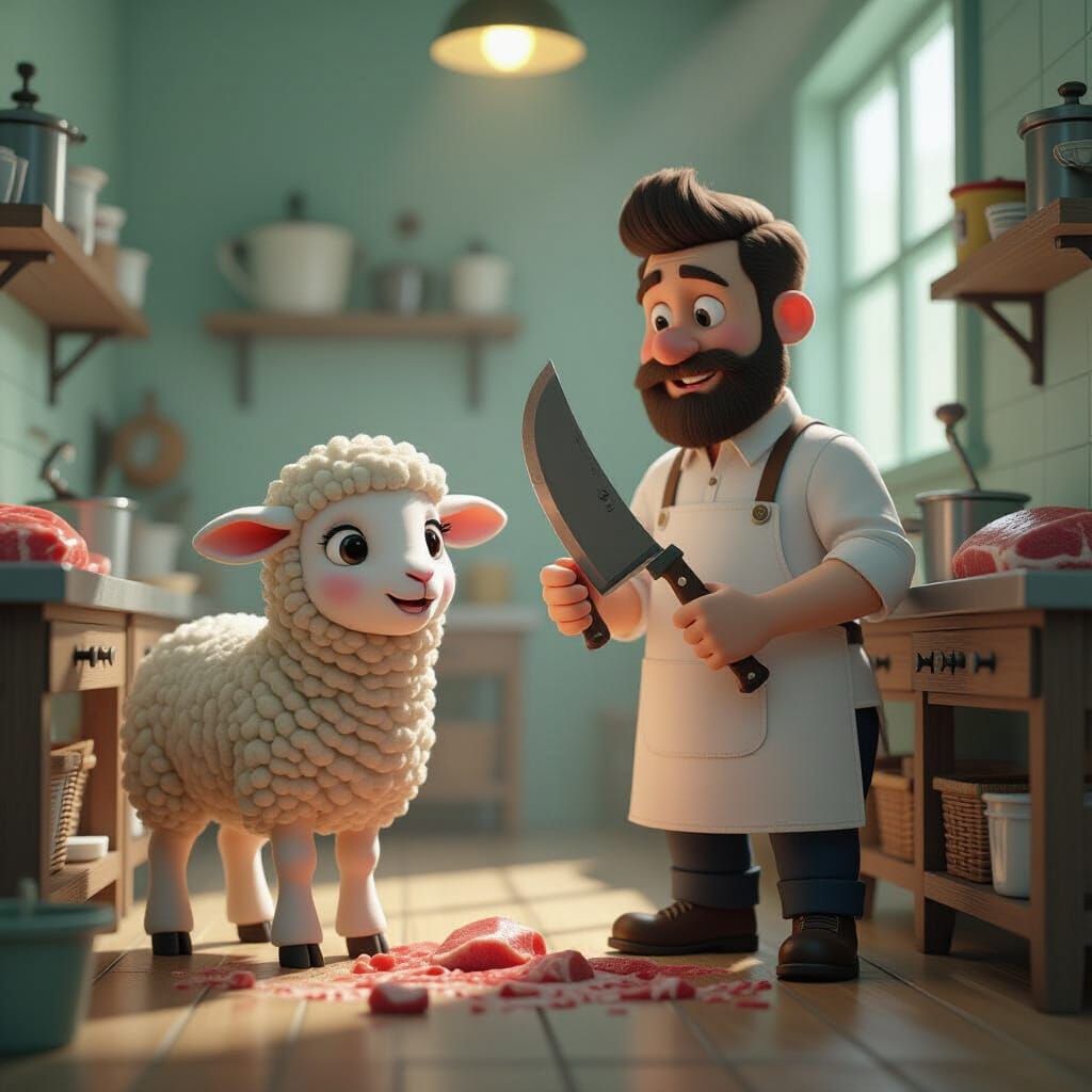 Nervous Lamb Meets Butcher in Animated 3D Scene