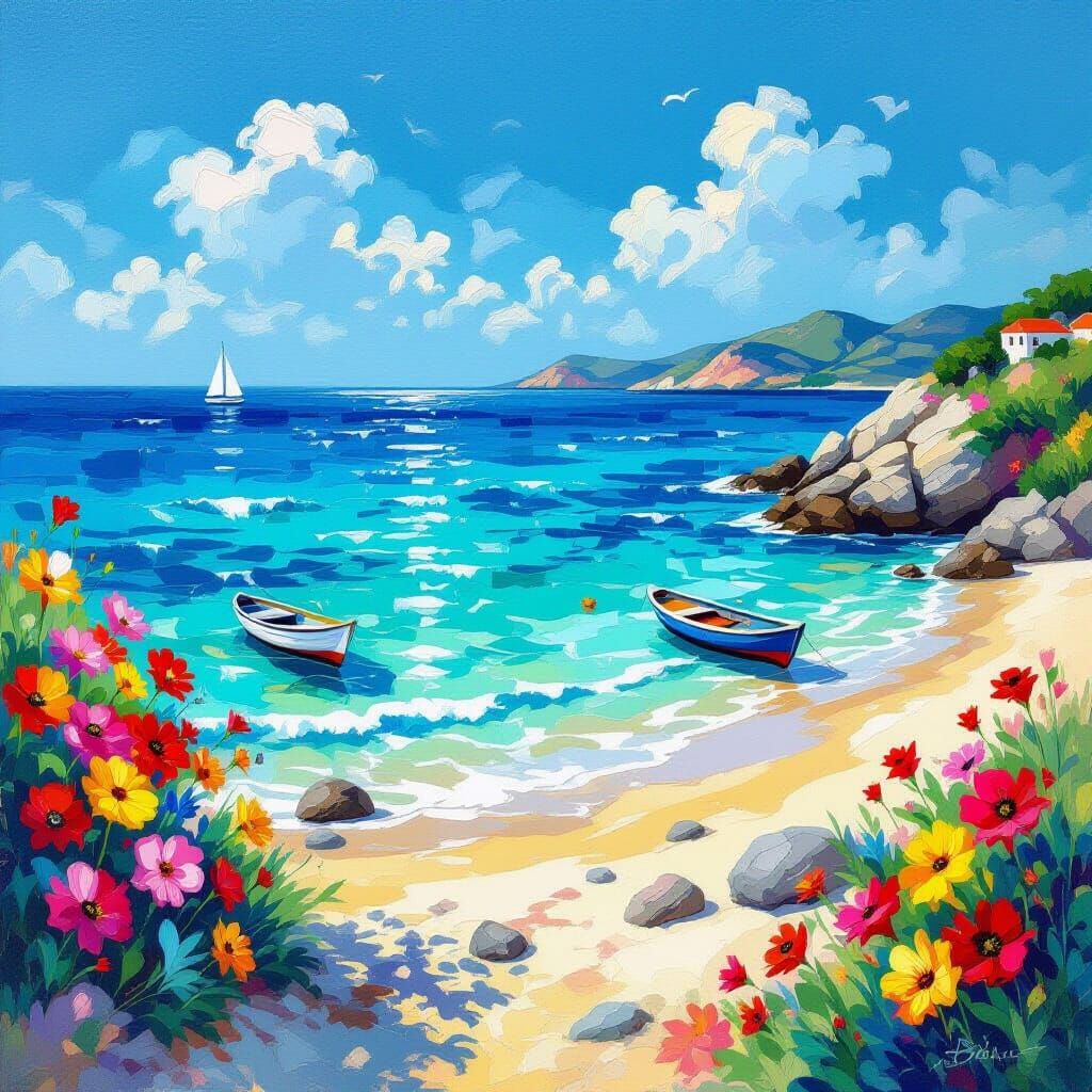 Colorful Coral Reef Beach Scene in Impressionistic Style
