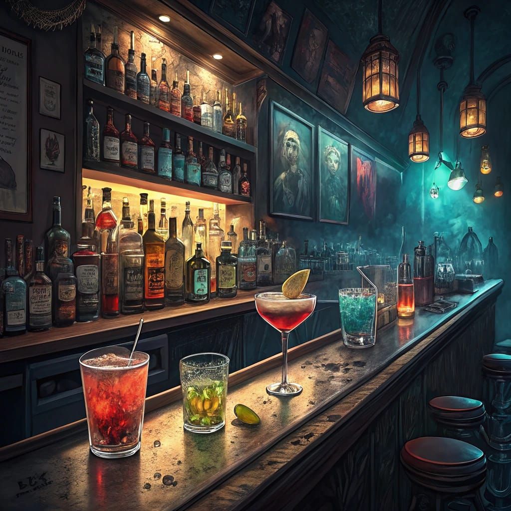 Vibrant Cocktail Bar in a Dark Vintage Setting