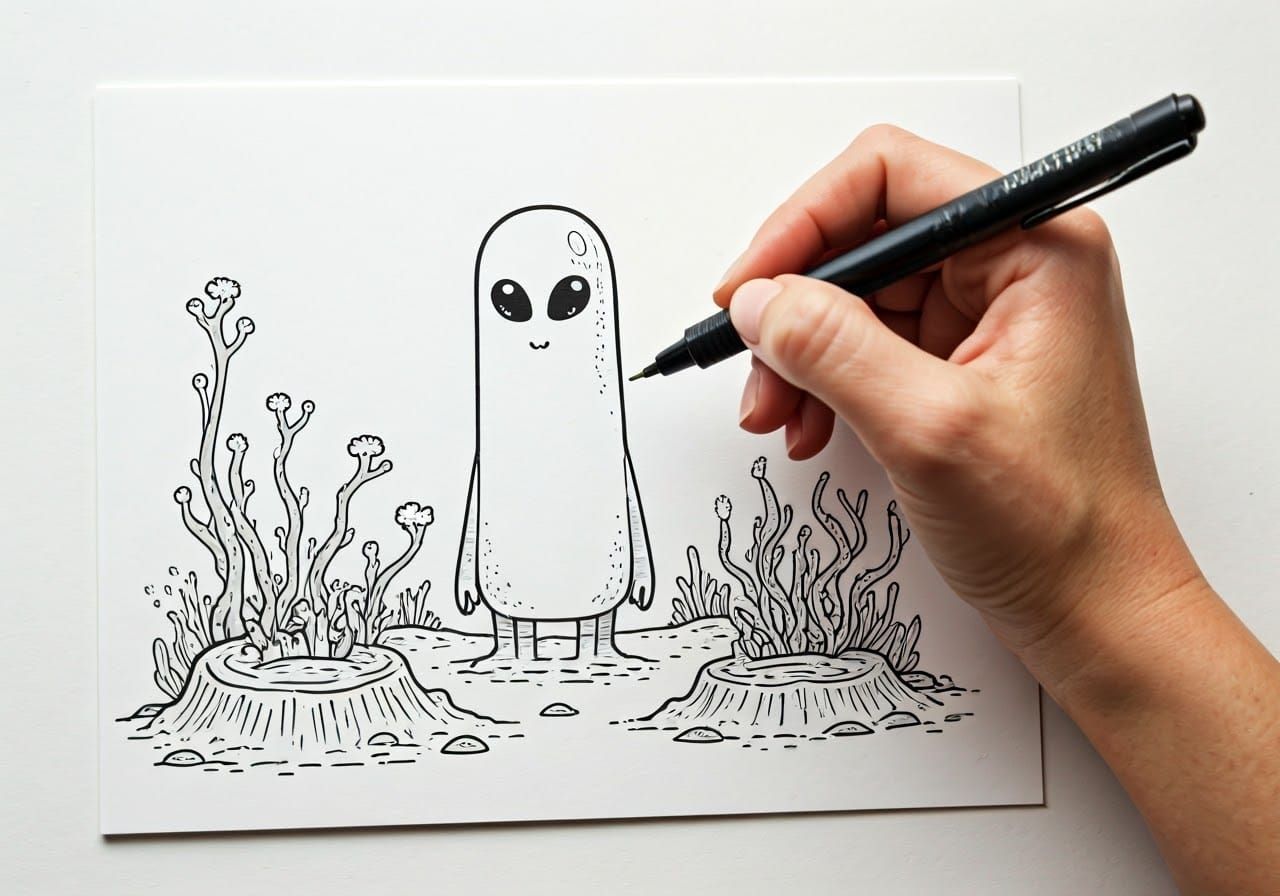 Cute Alien World Doodle in Pen Sketch Style