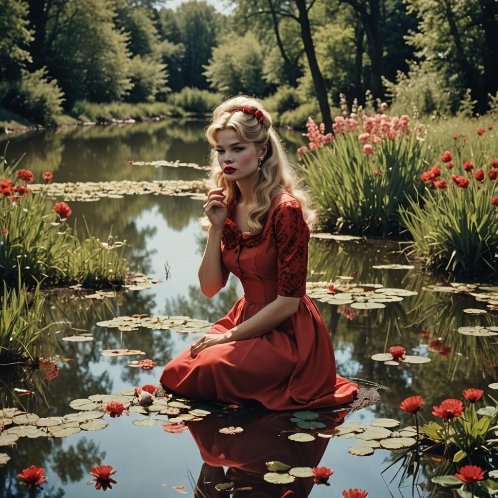 Cinematic Pond Reflection with Smoking Woman