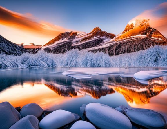 Scenic Mountain View with Frozen Lake in Hyperdetailed Style