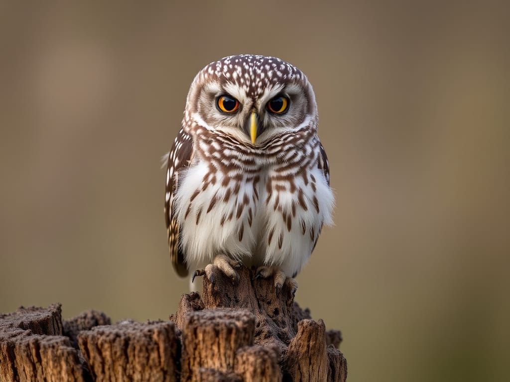Close Up Spotted Owlet Perched on Tree Stump