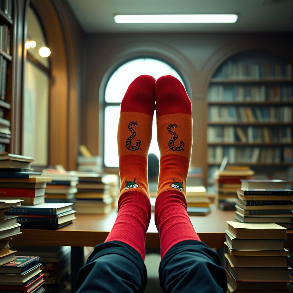 Bookworm Socks at Library Table in Cinematic Style