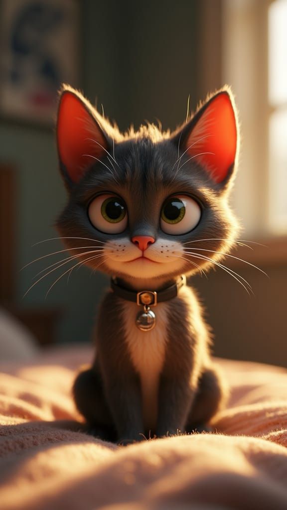 Realistic 3D Cat Portrait with Intense Gaze in Pixar Style