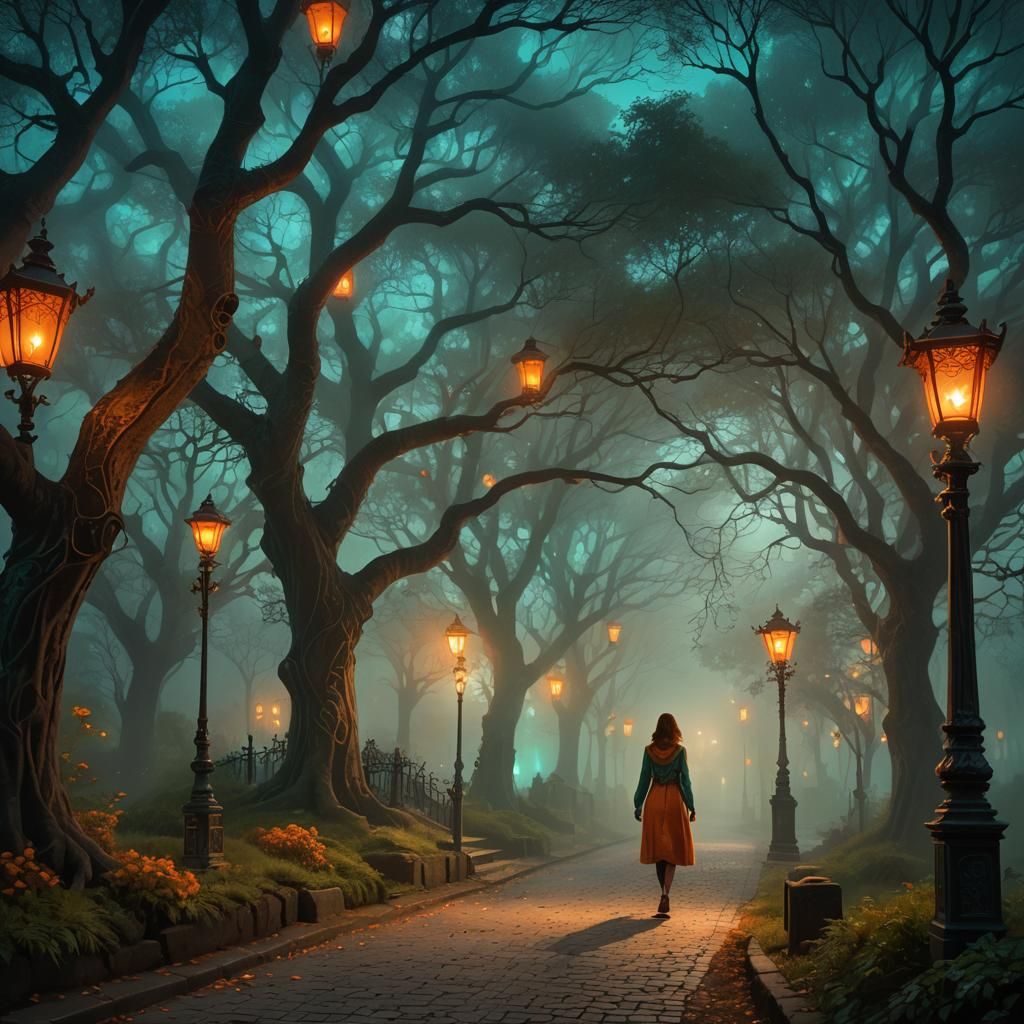 Girl Walks in Misty Park with Glowing Street Lamps