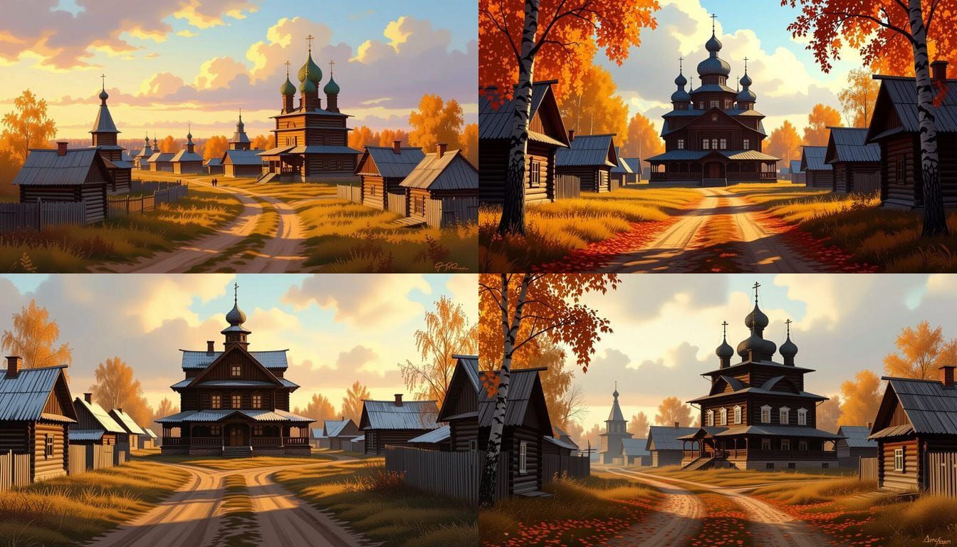 Rural Russian Village Fall Scene with Wooden Houses