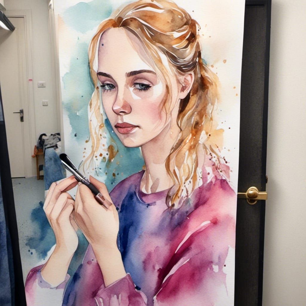 Abstract Watercolour Portrait of Transwoman Getting Ready