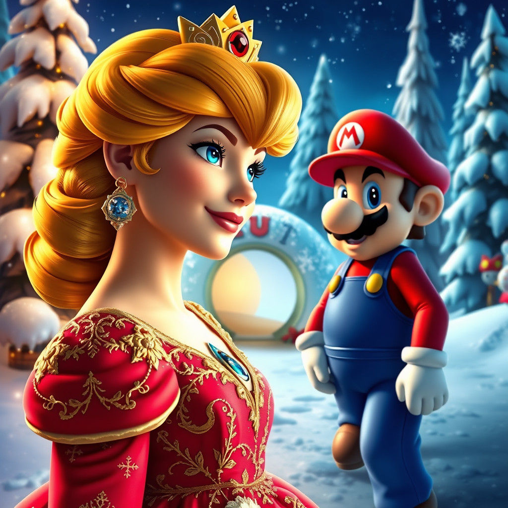 Princess Peach Christmas in Hyperrealistic Winter Wonderland