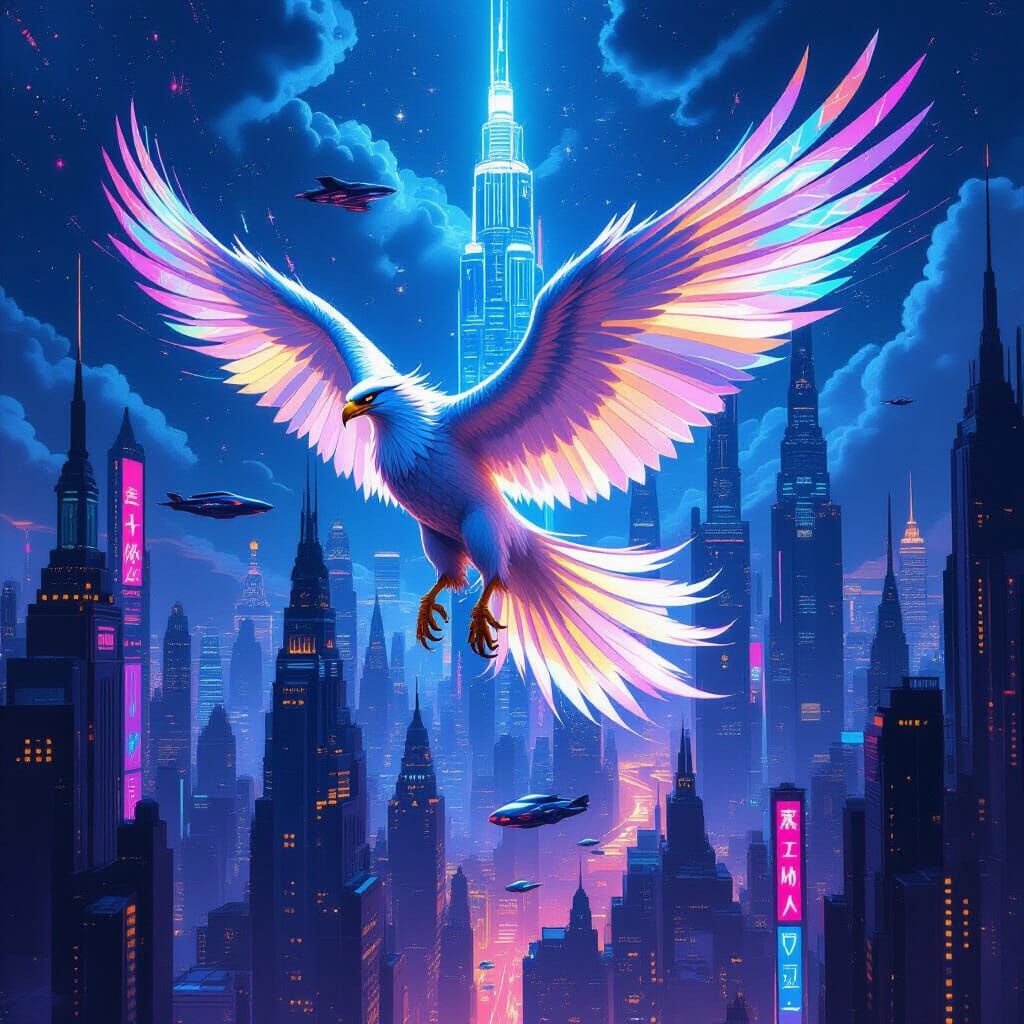 Griffin Soaring Over Neon Cityscape in Cyberpunk Style